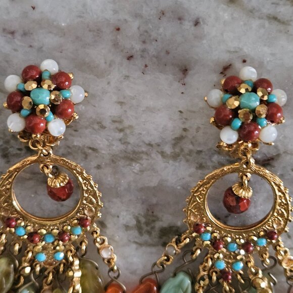 RARE JOSE MARIA BARRERA FALL LEAF STONE CRYSTAL DROP DANGLE CHANDELIER EARRINGS - Picture 4 of 11